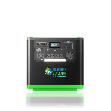 A Nature's Generator portable power station in black and green with a LiFePO4 battery, multiple outlets, digital display, and buttons is displayed on a white background.