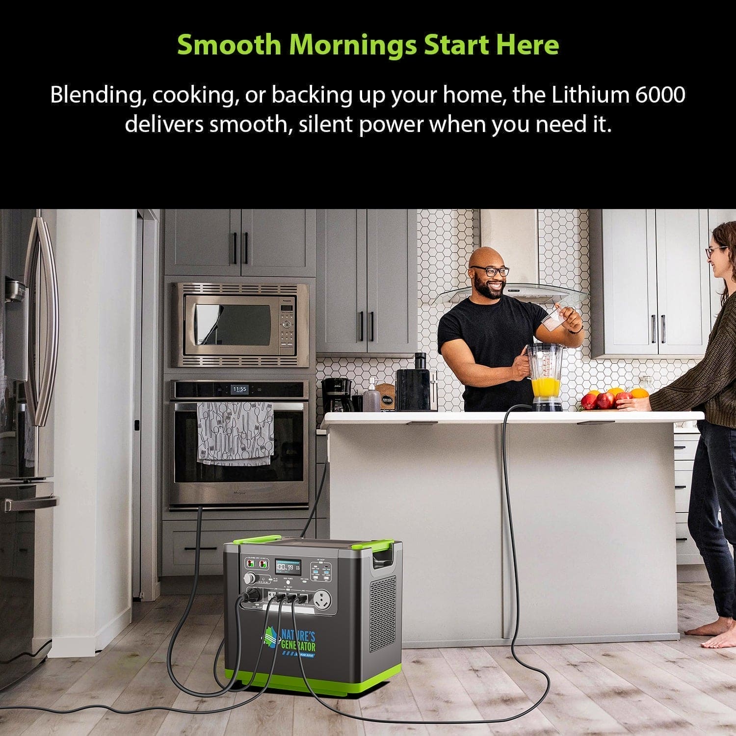 A man uses a blender powered by a Nature's Generator Lithium 6000 portable power station with LiFePO4 battery in a modern kitchen; a woman stands nearby with fruit. Text highlights the versatile home backup generator.