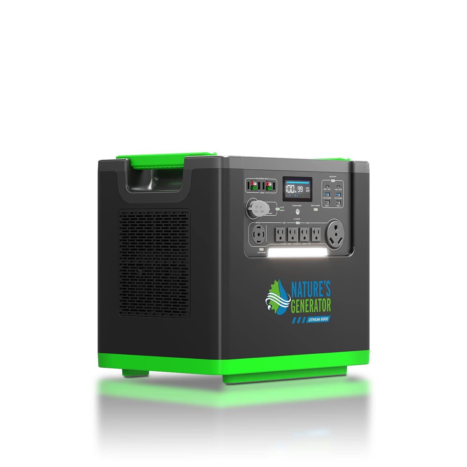 The Nature's Generator, a black and green portable generator with multiple outlets, switches, and a digital display on the front, features a LiFePO4 battery for reliable power. The unit is shown on a white background.