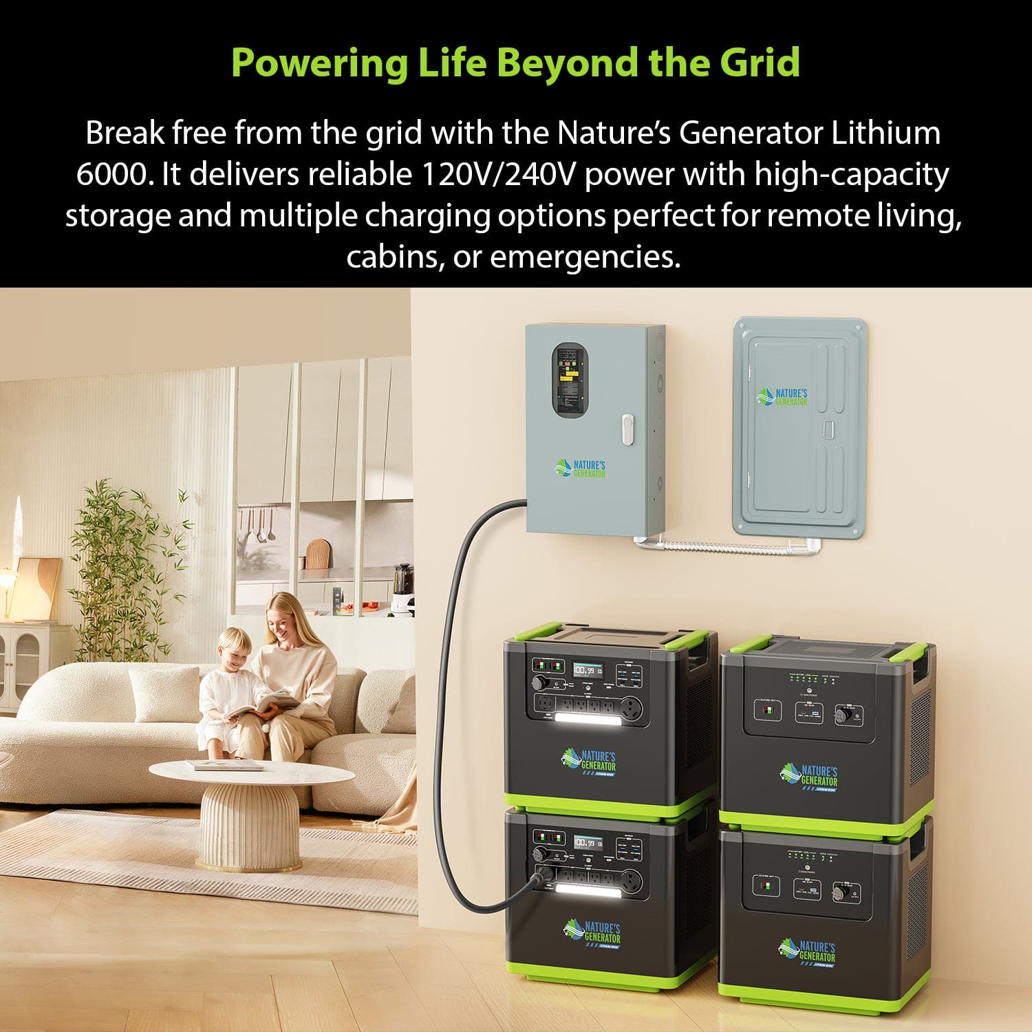 Four Nature's Generator Lithium 6000 units with advanced LiFePO4 batteries and two wall-mounted control panels are set up in a modern living room, showcasing reliable off-grid backup power solutions.