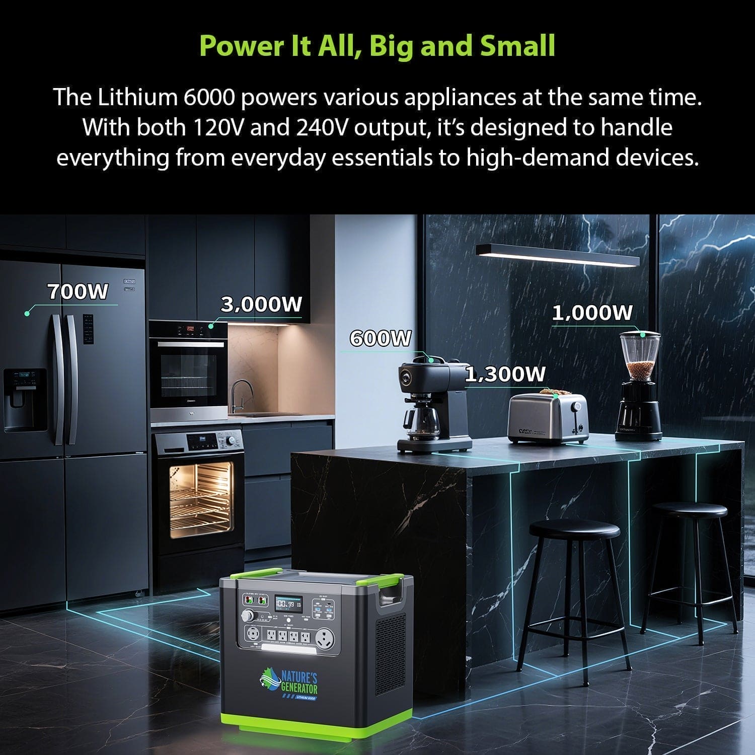 A Nature's Generator portable power station with a LiFePO4 battery powers a refrigerator, microwave, coffee maker, and toaster in a modern kitchen. Its reliable output supports devices of various power needs for dependable home backup use.