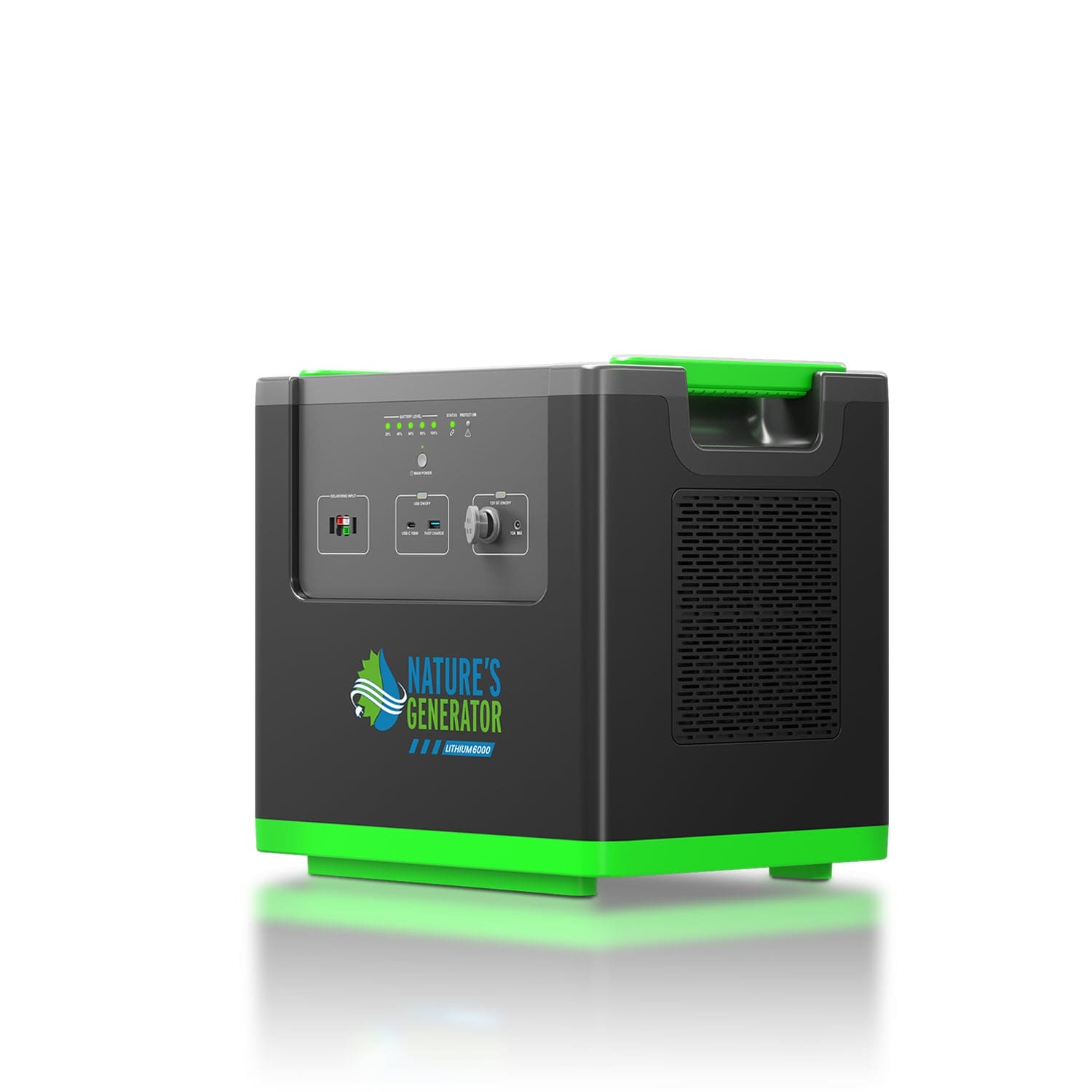 Nature's Generator portable black and green power generator features a handle, front input/output ports, side logo, and ventilation grilles—ideal for solar energy storage or dependable home battery backup.