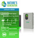 A rectangular Nature’s Generator unit is shown. Text highlights its LiFePO4 battery, 12,000 peak watts, 6,000 running watts, solar/wind/AC/car charging options, expandability, and replaceable batteries for reliable home backup power.