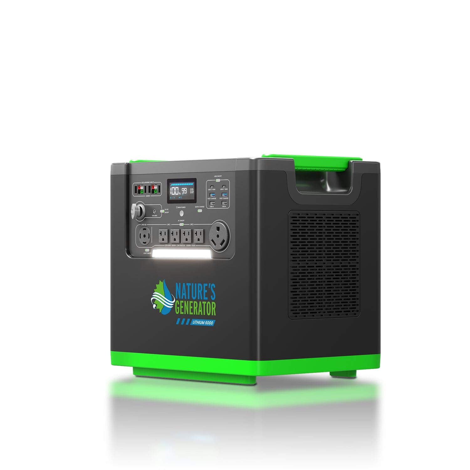 A black and green portable power generator by Nature's Generator with a LiFePO4 battery, multiple outlets, switches, a display panel, USB ports, and side ventilation is shown against a white background.