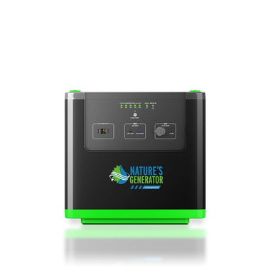 A black and green Nature's Generator portable power station is displayed on a white background, featuring indicator lights, switches, and ports—ideal for solar battery storage or reliable home backup.