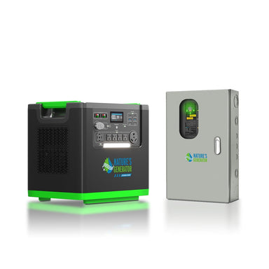 A Nature's Generator portable backup generator in black and green with a LiFePO4 battery and multiple outlets is shown next to a gray electrical panel, both labeled "Nature's Generator," on a white background.