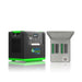 A black and green portable Nature's Generator with a LiFePO4 battery is shown beside an open electrical panel with circuit breakers and an outlet, all set against a white background.