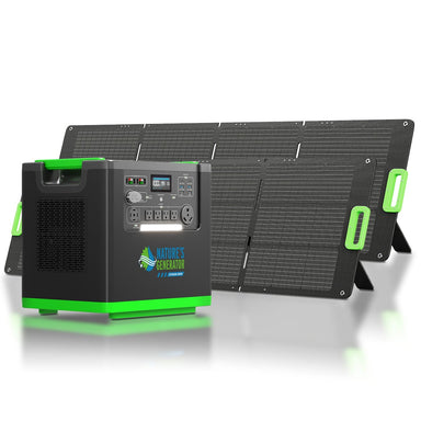 A portable Nature's Generator solar generator with a LiFePO4 battery, digital display, and multiple outlets sits in front of a foldable solar panel. Both are black with green accents—perfect for home solar power needs.