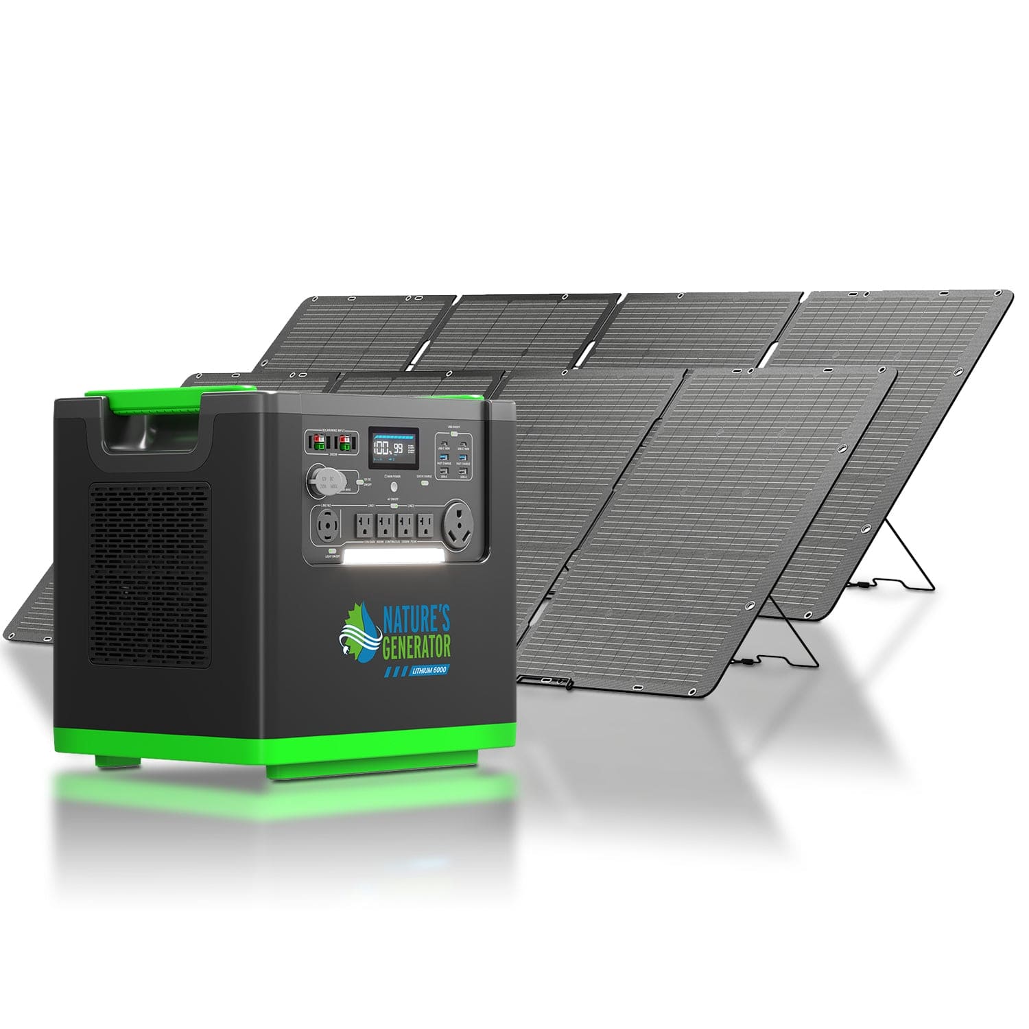 Nature's Generator portable power station with LiFePO4 battery and digital display is set before three foldable solar panels—a smart choice for any home solar setup.