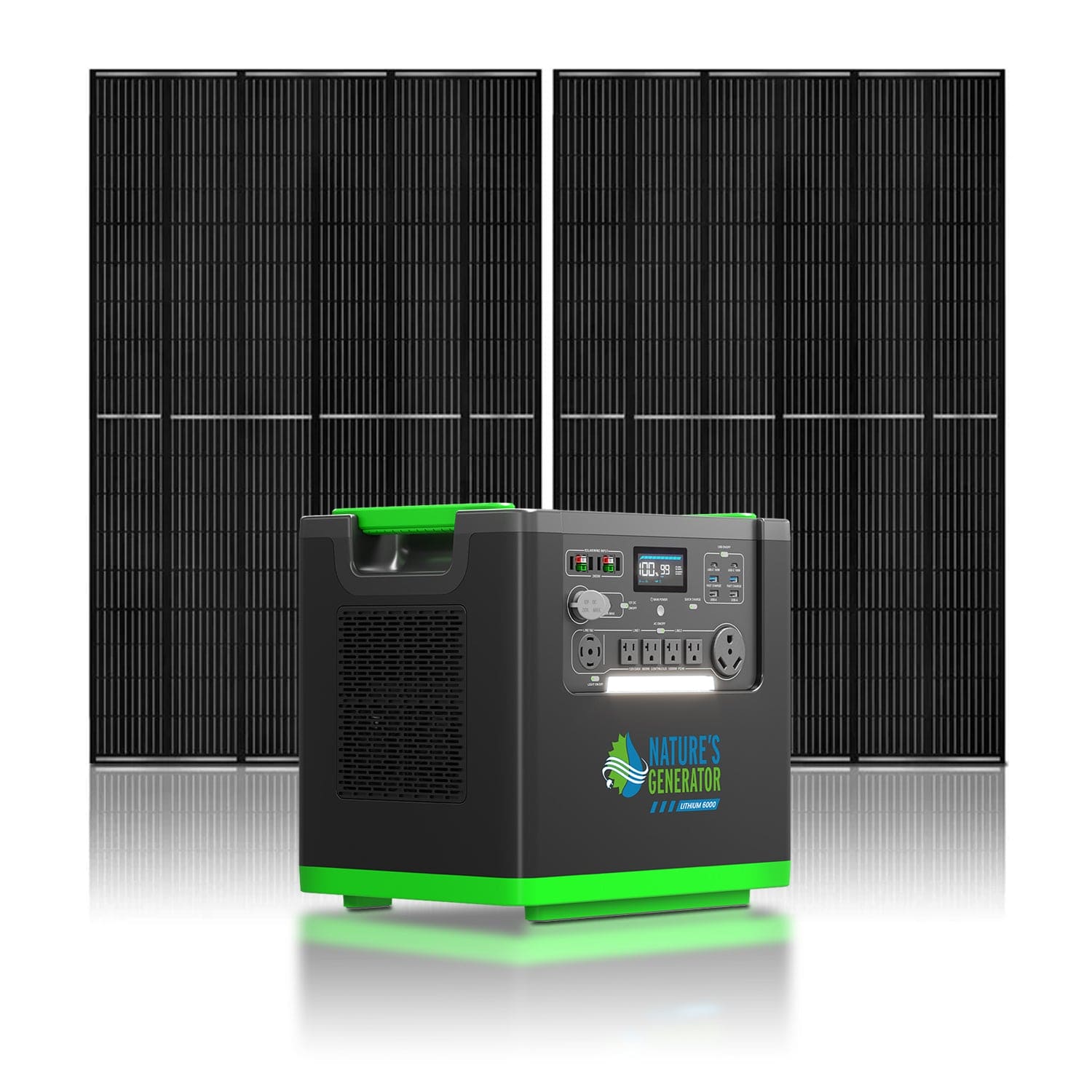 The Nature’s Generator portable solar generator, featuring LiFePO4 battery, display screen, green accents, and multiple power outlets, is shown in front of two large solar panels on a white background.