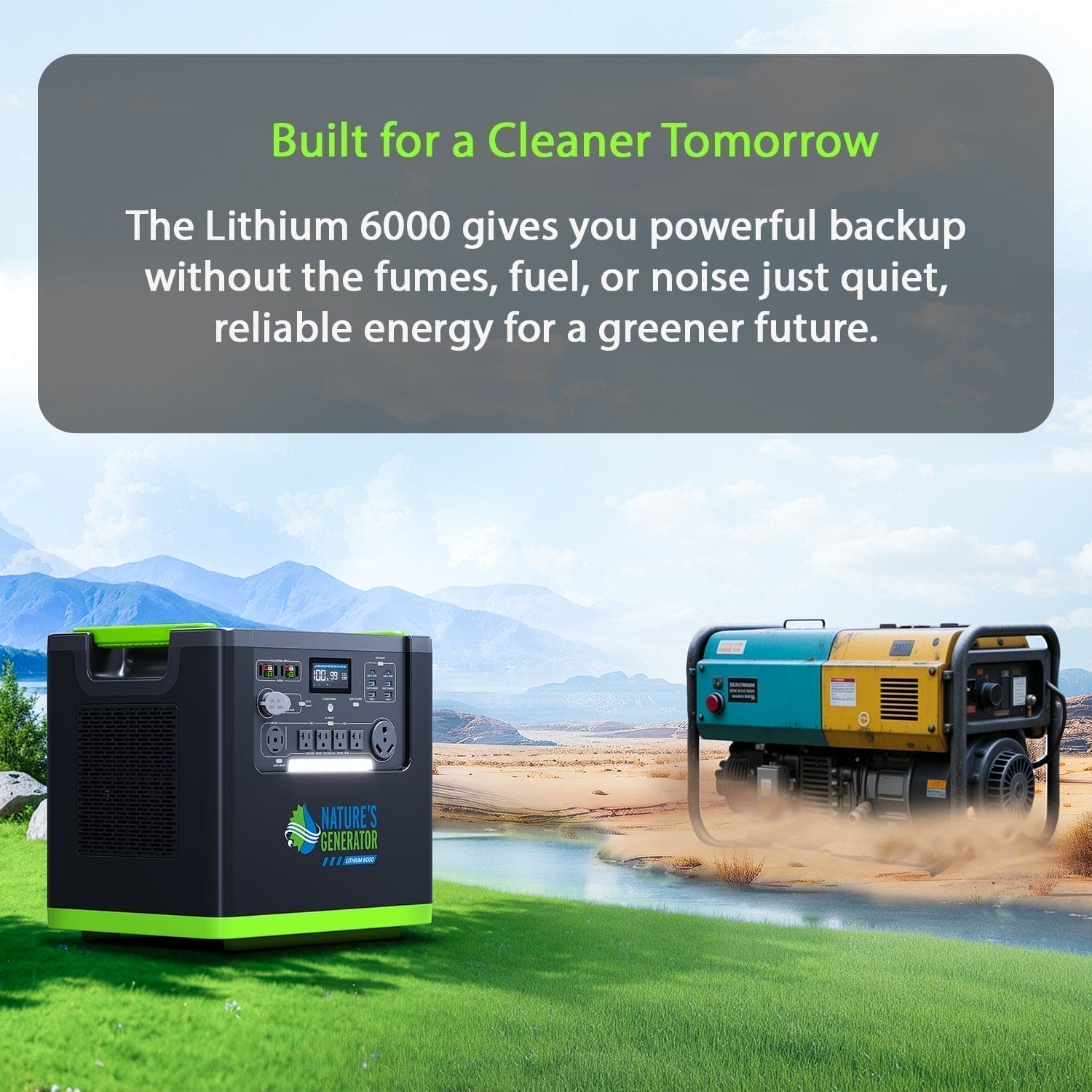 Two generators sit outdoors on grass and dirt. Up front, a sleek black and green Nature's Generator solar unit with LiFePO4 battery contrasts with a traditional gas generator. Text above promotes eco-friendly backup power solutions.