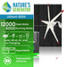 Promotional graphic for Nature's Generator Lithium 6000, a solar and wind generator, shows a wind turbine, solar panel, power station, and off-grid power icons. Text highlights 12,000 peak watts, 6,000 running watts, and replaceable batteries.