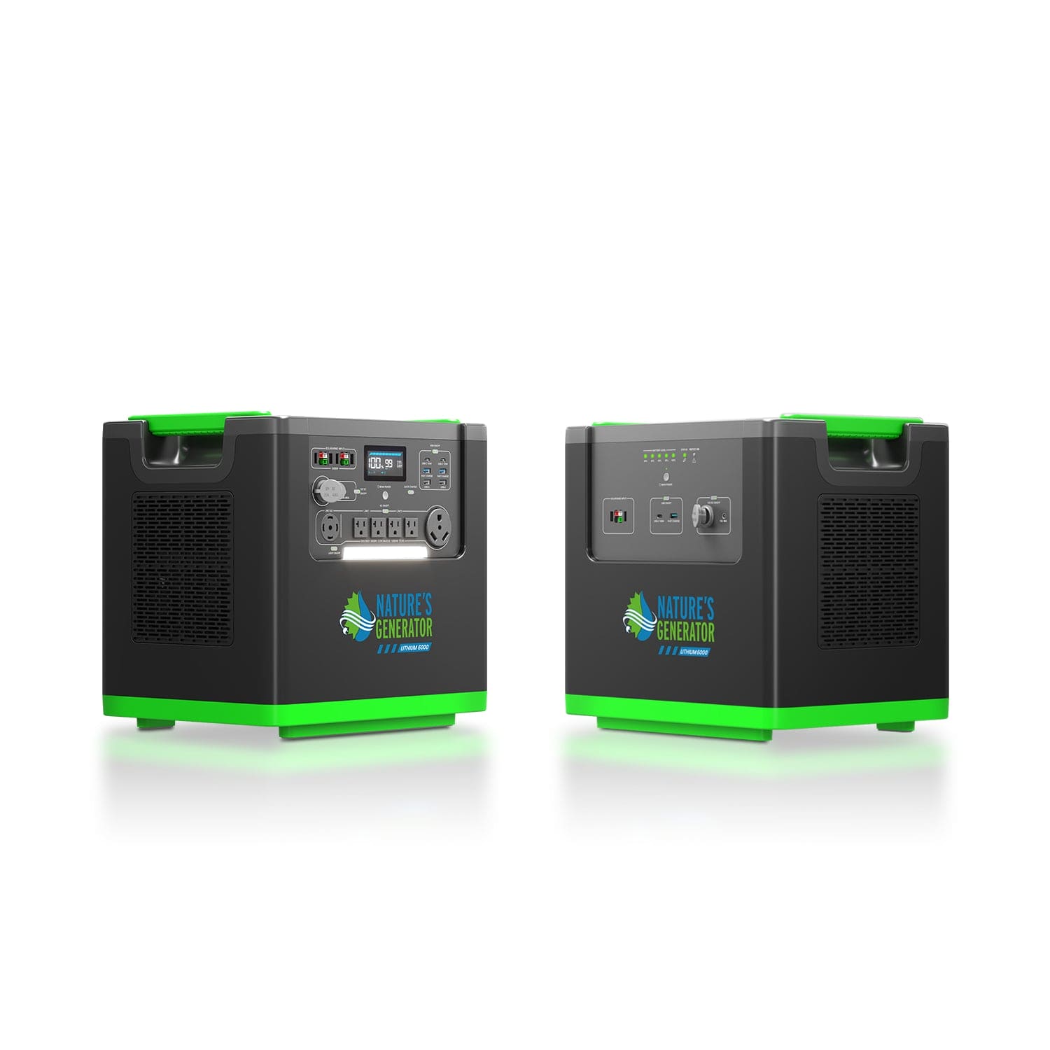 Two Nature’s Generator portable power stations with LiFePO4 batteries are shown—one displays outlets and controls, the other shows vents and ports. Both feature black and green design, carrying handles, and the Nature’s Generator logo.