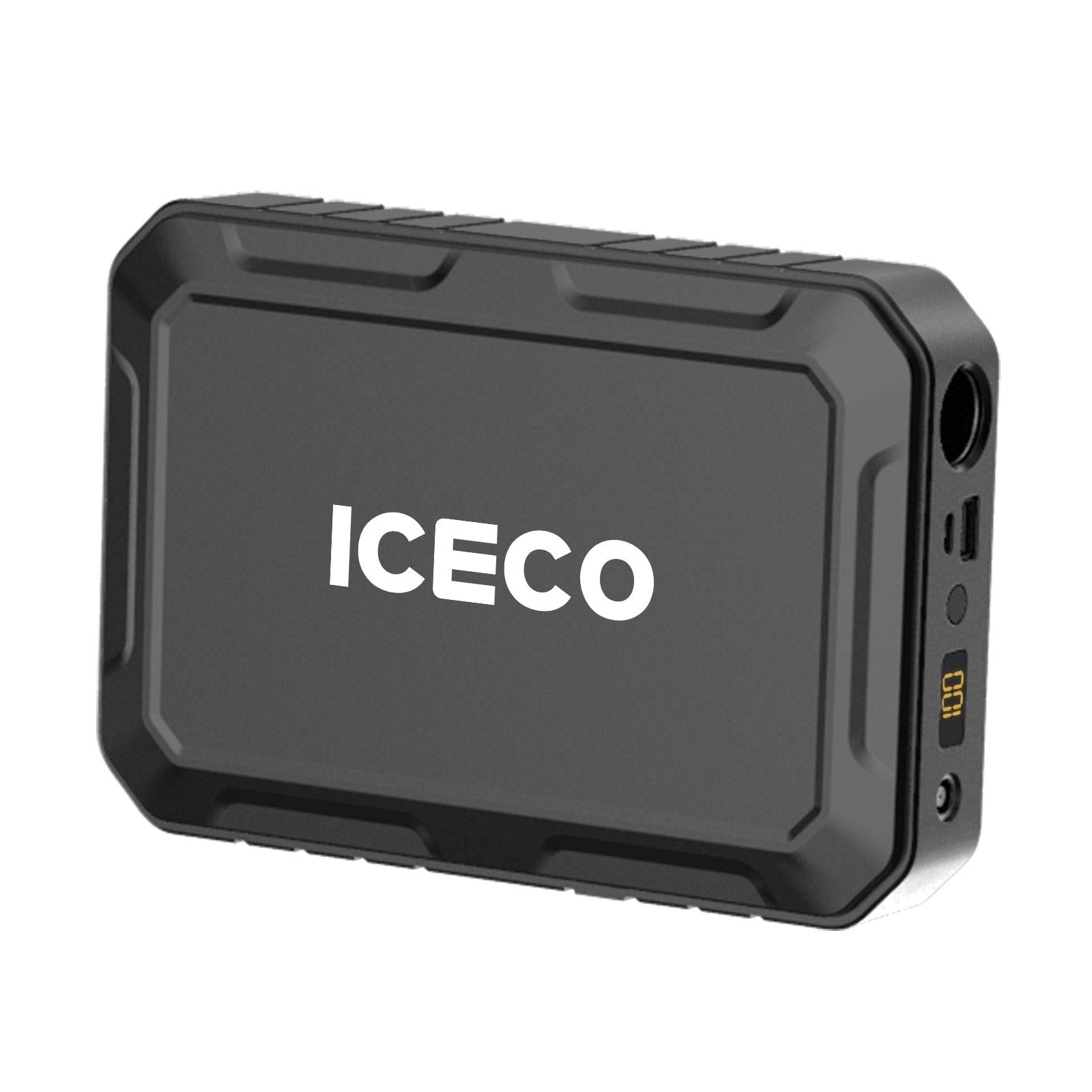 The black rectangular ICECO Wholesale device, ideal for travel or outdoors, features textured edges, a side USB port, a button, and a small digital display reading "0.0." Its optimized power consumption ensures efficient use anywhere.