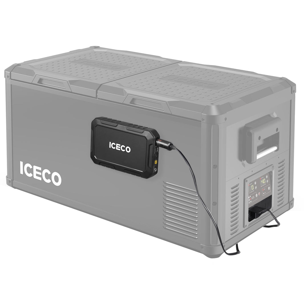 The gray large ICECO Wholesale portable fridge is ideal for outdoor adventures, featuring a detachable Magnetic Power Bank labeled "ICECO" and optimized power consumption with vents and digital controls on the front panel.