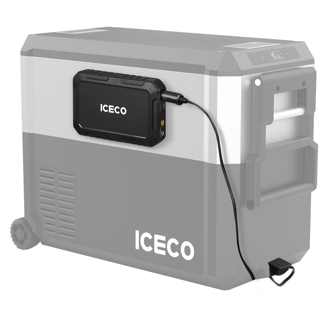 The ICECO Wholesale portable fridge is ideal for travel or outdoor adventures, featuring an integrated battery with optimized power usage. It includes a handle and wheels for mobility, displaying the ICECO logo. A power cord connects to the battery, ensuring efficiency on the go.