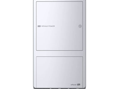 A rectangular white Mango Power electrical panel—compatible with mPanel Pro and Mango Power E—has two compartments, a small lock, and black cable connectors at the bottom. Mounted on a plain white background, it's ideal for home backup needs.