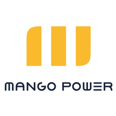 Yellow graphic elements resembling an uppercase "M" with the words "Mango Power" in black below.