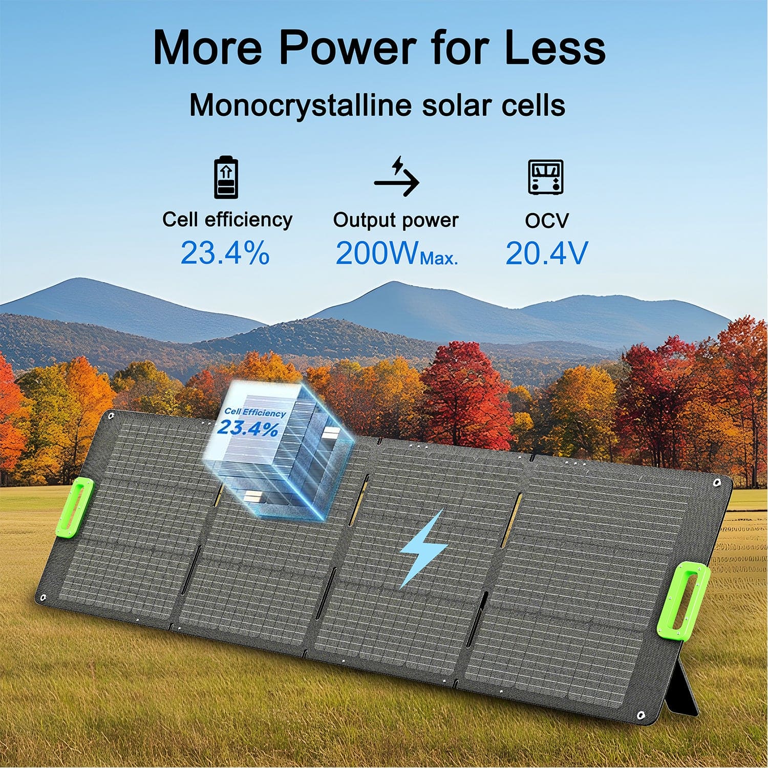 A Nature’s Generator high-efficiency portable solar panel is set on grass with mountain and autumn trees behind. Text highlights: “More Power for Less,” “Monocrystalline cells,” 23.4% efficiency, 200W max output, and 20.4V OCV.