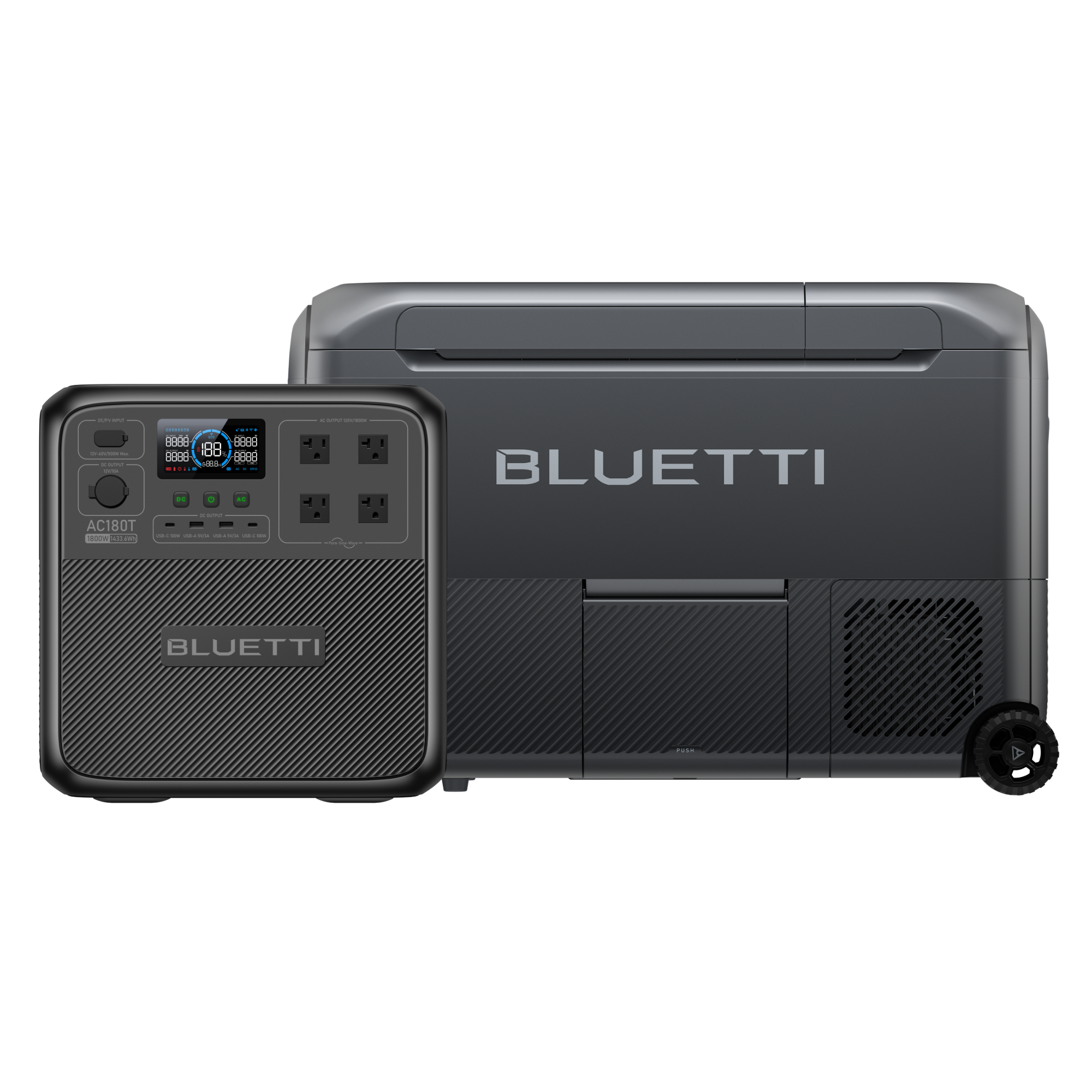 Two dark gray Bluetti devices are displayed on a white background: a portable Bluetti power station and another Bluetti device featuring multiple outlets and control options. The Bluetti logo is visible on both products.