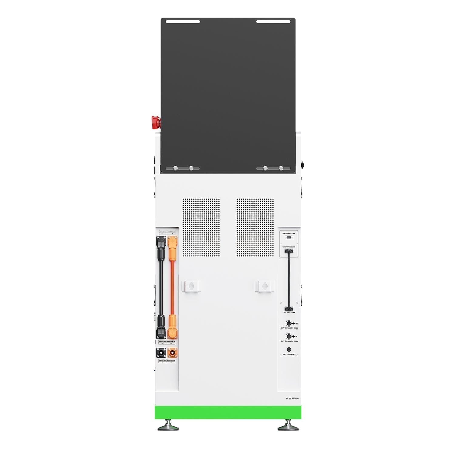 The Nature's Generator features a white industrial design with a large black display panel, multiple left-side ports, ventilation grilles, control buttons, and a green accent—ideal for expandable energy systems or whole home backup needs.