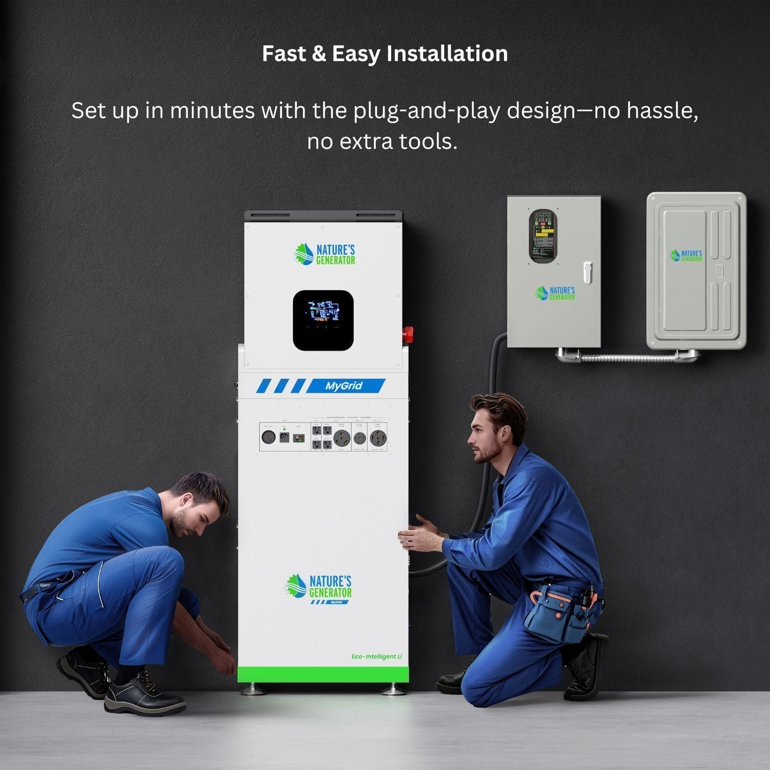 Two technicians in blue uniforms install a white and green Nature’s Generator MyGrid unit with LiFePO4 battery beside a gray panel, demonstrating simple, plug-and-play whole home backup. Text above highlights fast, easy installation.