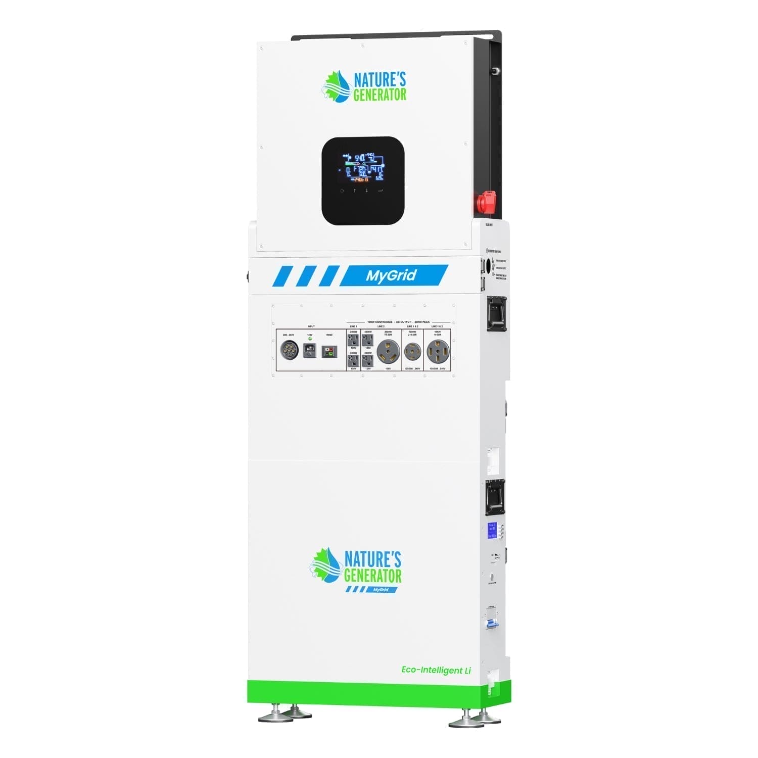 A tall, white and green Nature's Generator unit labeled "MyGrid" features multiple ports, switches, and a digital display on the front. This solar and wind generator stands upright on metal feet for efficient off-grid energy.