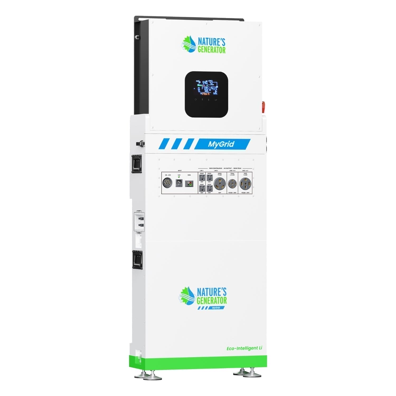 A white and green Nature's Generator MyGrid unit, an off-grid energy solution with a top digital display, multiple front electrical ports and switches, and Nature's Generator branding on the body.
