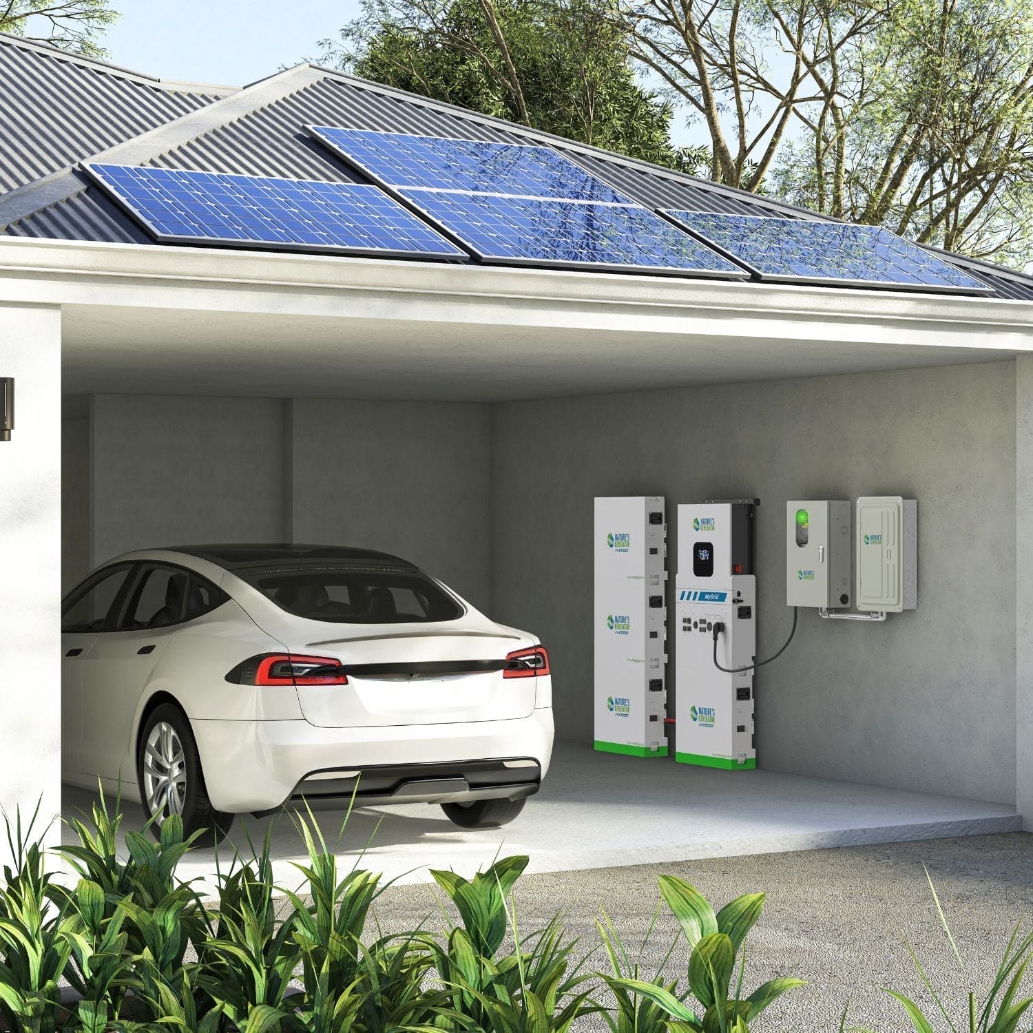 A white electric car is parked in a modern garage with solar panels and Nature's Generator LiFePO4 battery storage units on the wall; shrubs are in the foreground and trees appear in the background.