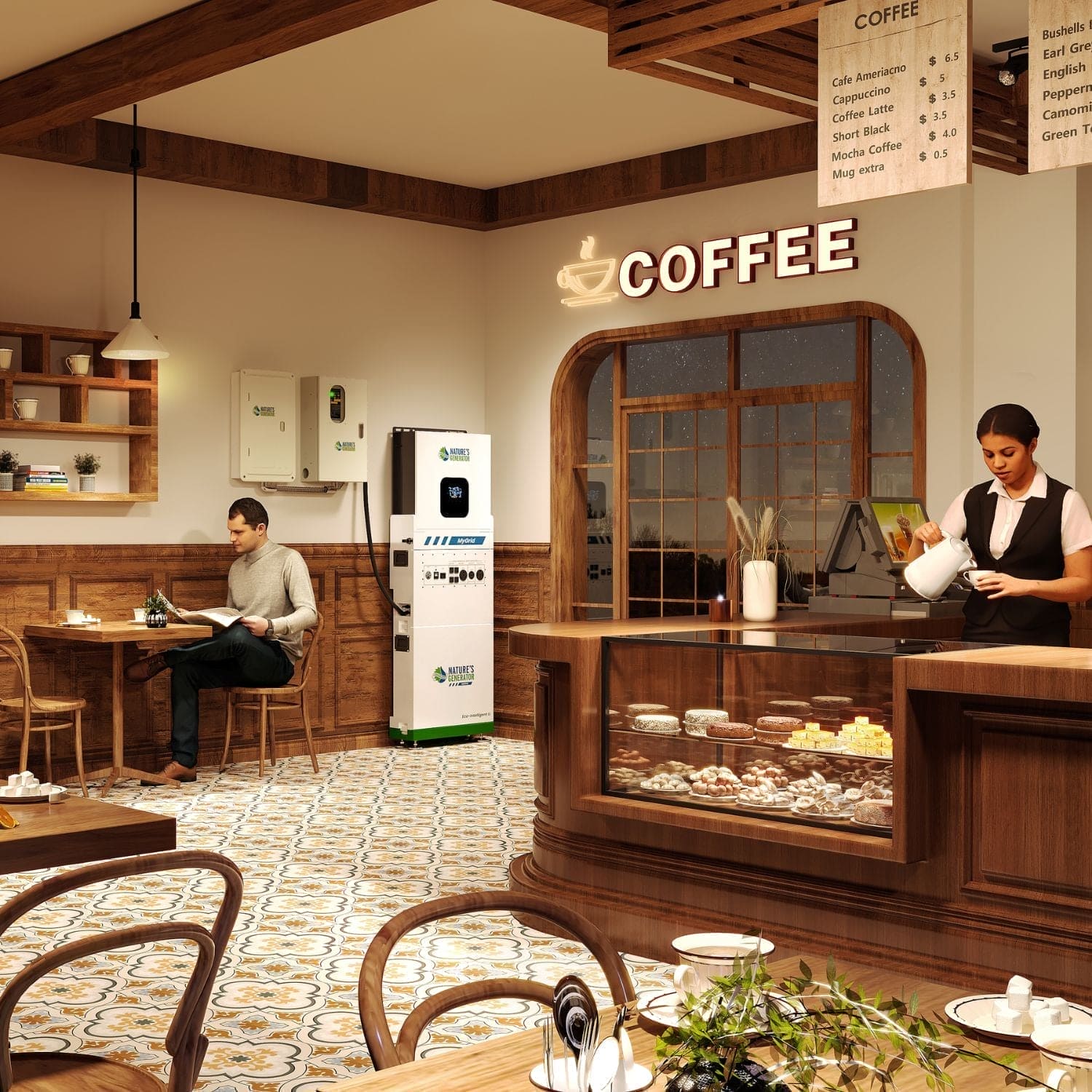 A barista pours a drink behind a pastry case in a cozy café with wood accents. The menu board and coffee machine, powered by Nature's Generator LiFePO4 battery, are visible as a man sits alone at a table using his phone.