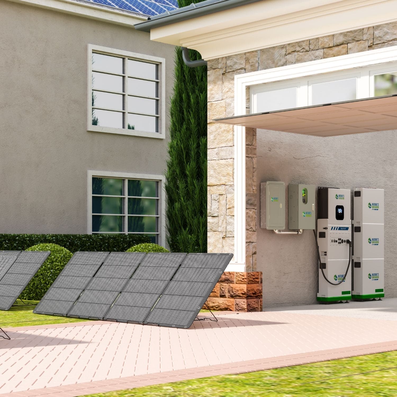Nature's Generator solar panels are installed on a patio beside a house for off-grid energy. Energy storage and control systems from Nature's Generator are mounted on the garage wall. The open garage displays greenery lining the building walls.
