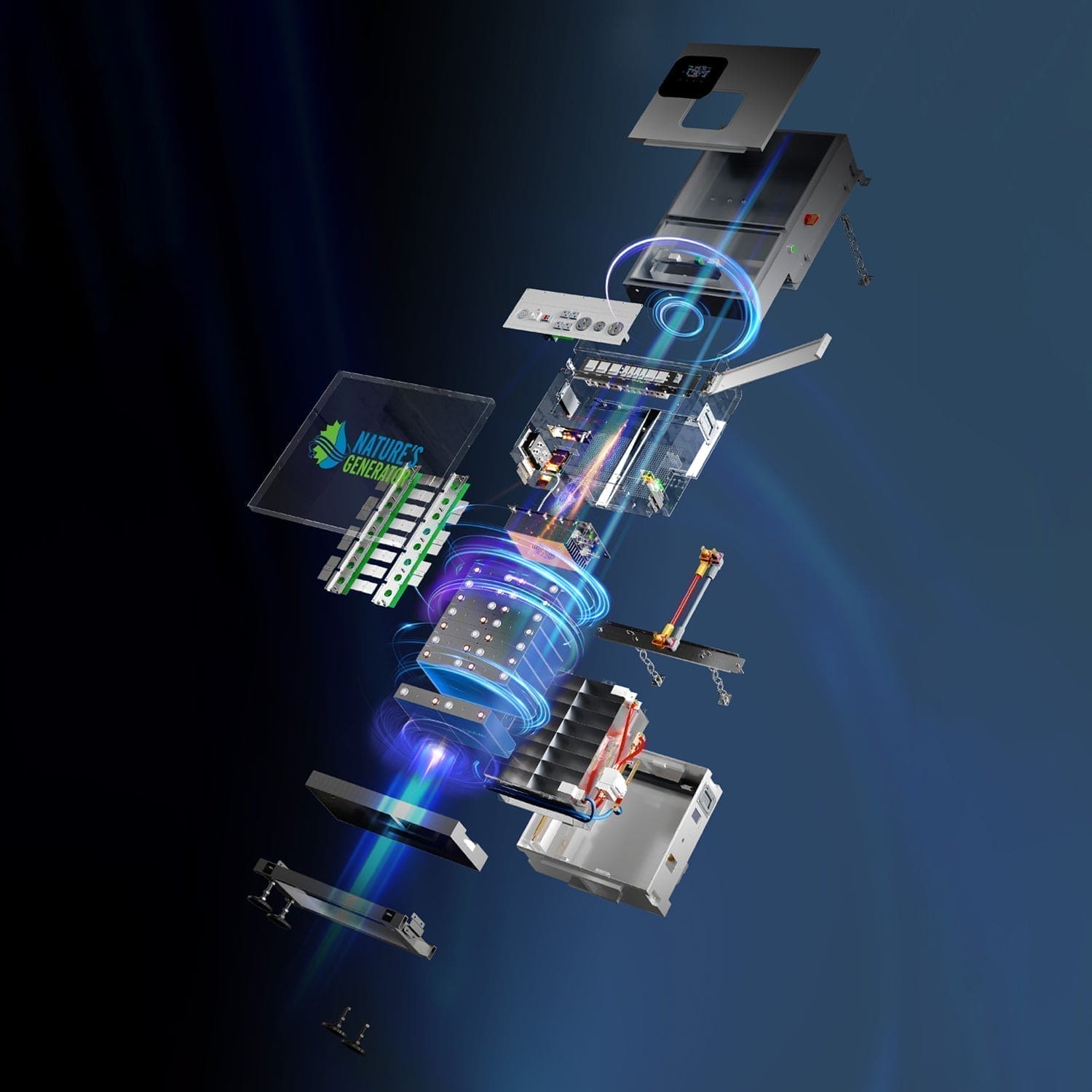 An exploded view of a Nature's Generator device reveals circuit boards, metal casings, wires, and connectors aligned against a dark gradient background—ideal for whole home power or off-grid energy solutions.