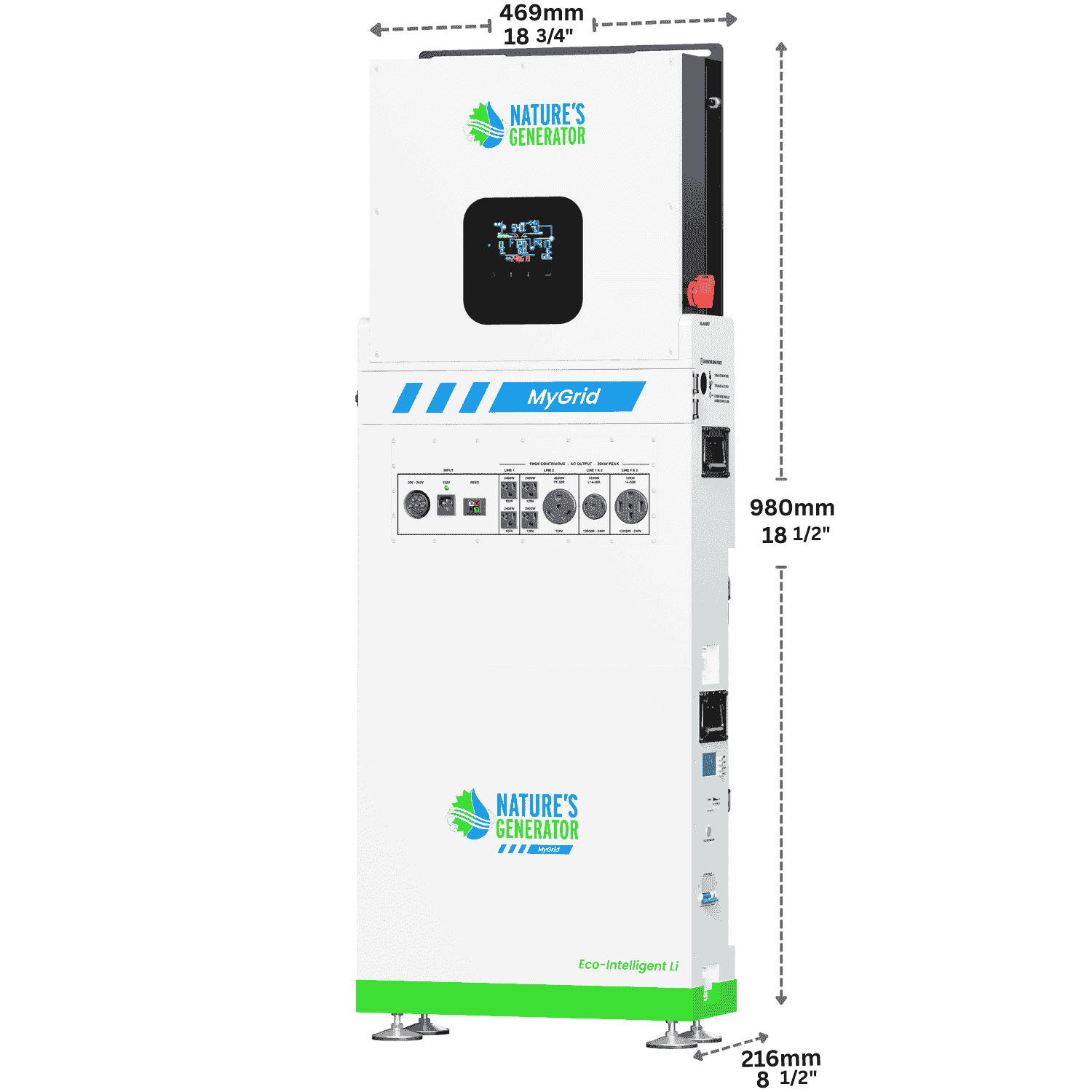 Tall white electrical unit from Nature's Generator, labeled "MyGrid," with a LiFePO4 battery, control panel, display screen, multiple outlets and switches. Measures 469mm W x 980mm H x 216mm D—ideal for expandable energy system needs.