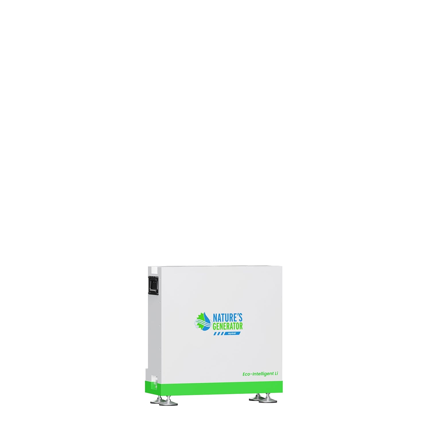 A rectangular white and green Nature's Generator device with "Eco-Intelligent Li" on the lower right stands on four metal feet, offering an advanced 10kWh LiFePO4 solar battery—ideal for home backup or solar energy storage.