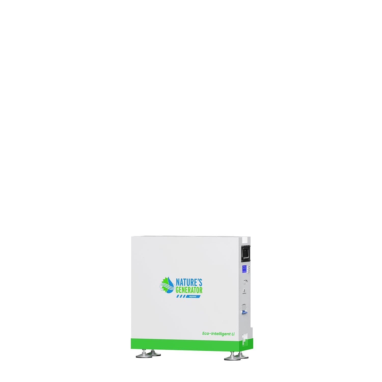 A rectangular white and green Nature's Generator power unit with brand logo on the front, ideal for home backup or solar energy storage, stands upright on two green feet against a plain white background.