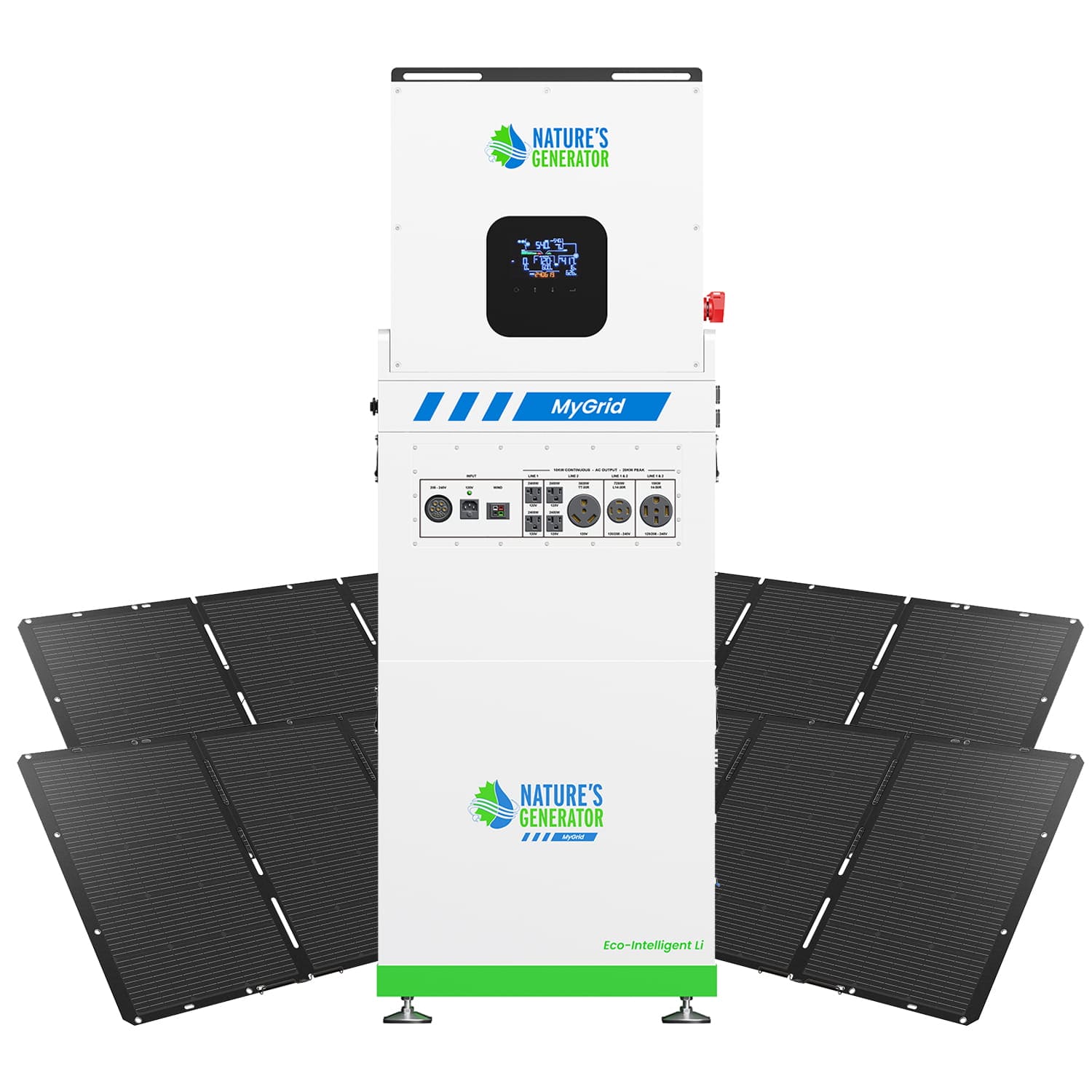 A white Nature's Generator power unit with front outlets and controls is shown, surrounded by six angled black solar panels—ideal as a 10kW solar generator for whole home backup. Brand: Nature’s Generator.
