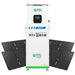 A white Nature's Generator power unit with front outlets and controls is shown, surrounded by six angled black solar panels—ideal as a 10kW solar generator for whole home backup. Brand: Nature’s Generator.