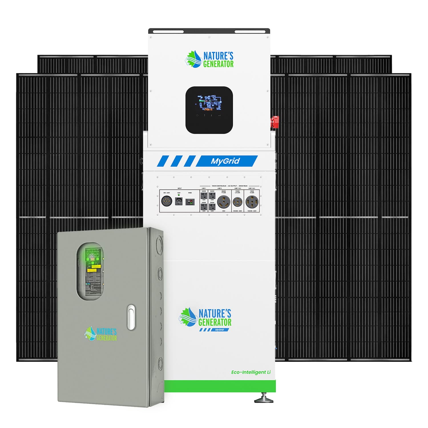 The Nature’s Generator solar power system features a tall white and green unit, multiple control panels, a gray electrical box, and several large black solar panels, offering whole home backup and an expandable battery system.