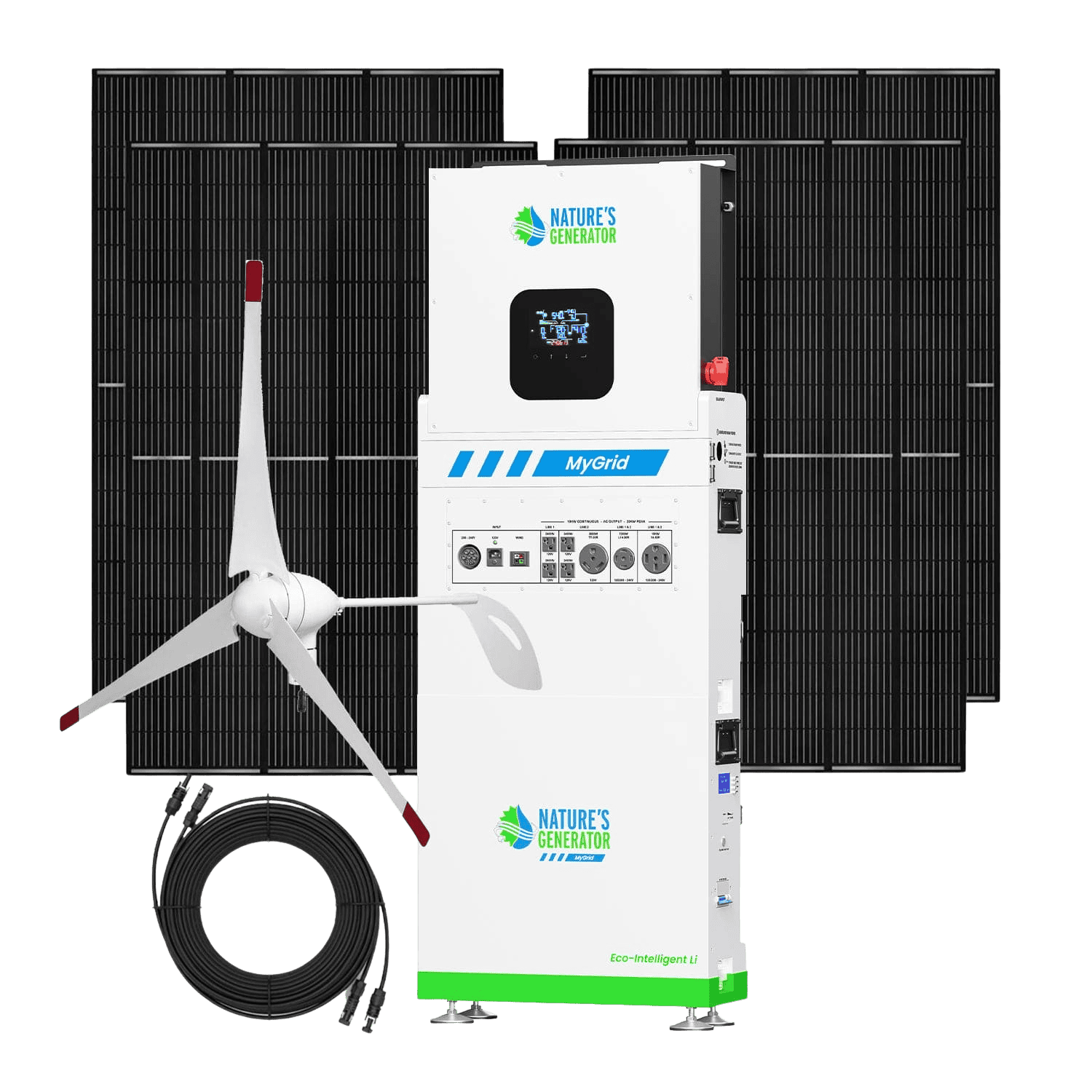 A white Nature's Generator solar and wind generator is shown with solar panels, a wind turbine, coiled cable, display screen, multiple ports, and front branding—providing whole-home backup power.