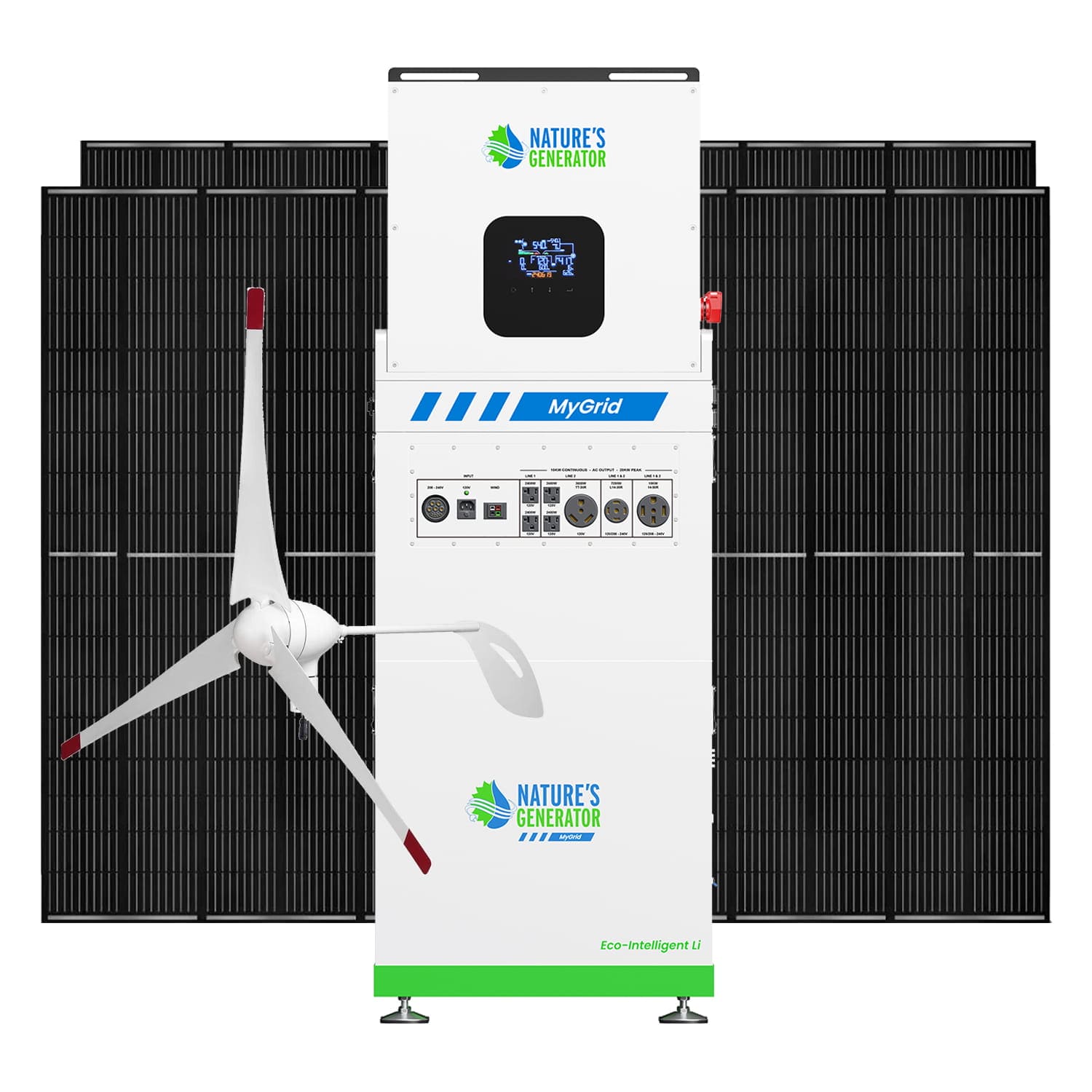 A large white Nature's Generator unit stands before black solar panels with a white wind turbine on its left side. Various control ports and a small screen are visible on this off-grid energy solution from Nature's Generator.