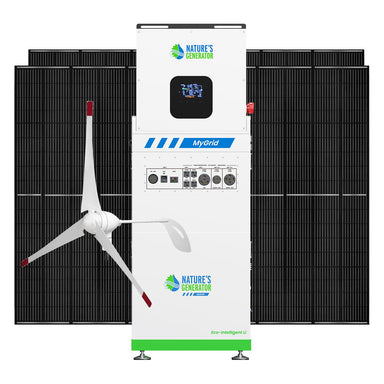 A large white Nature's Generator unit stands before black solar panels with a white wind turbine on its left side. Various control ports and a small screen are visible on this off-grid energy solution from Nature's Generator.