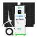 A Nature's Generator white power unit is shown with a display screen, control panel, two black solar panels, a white wind turbine, and a coiled cable, all set against a plain background.