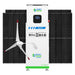 A large white Nature's Generator unit stands before black solar panels with a white wind turbine on its left side. Various control ports and a small screen are visible on this off-grid energy solution from Nature's Generator.