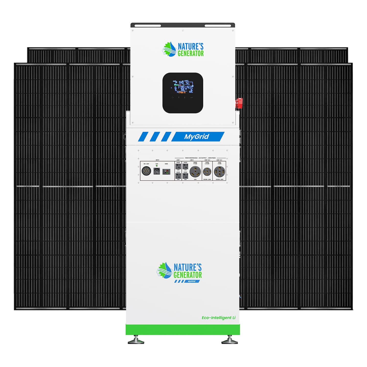 A large white and green 10kW Nature's Generator stands before six black solar panels, featuring a LiFePO4 battery and multiple control buttons and ports on the front.