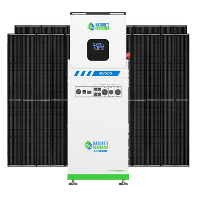 A large white and green 10kW Nature's Generator stands before six black solar panels, featuring a LiFePO4 battery and multiple control buttons and ports on the front.
