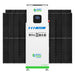 A large white and green 10kW Nature's Generator stands before six black solar panels, featuring a LiFePO4 battery and multiple control buttons and ports on the front.