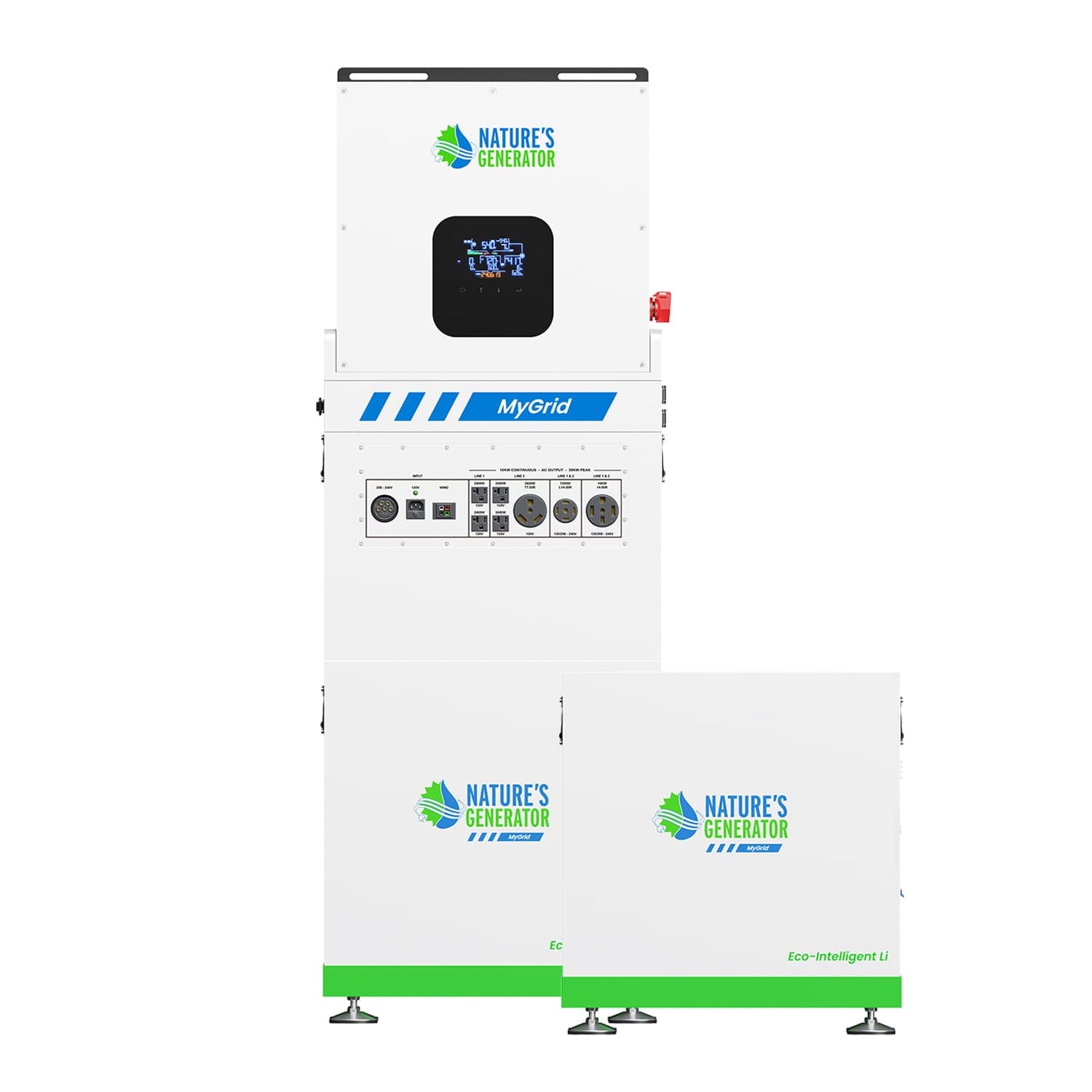 A white and green Nature's Generator backup power system, labeled "MyGrid" and "Eco-Intelligent Li," features multiple control panels, ports, and connectors. The expandable energy unit displays the brand logo against a white background.