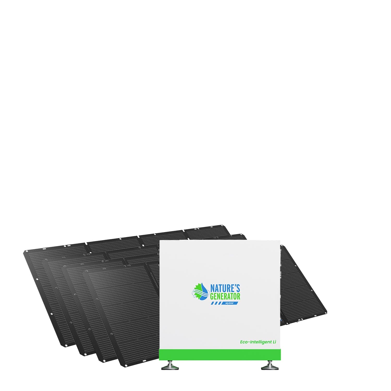 A white and green Nature's Generator power unit with a 10kWh LiFePO4 solar battery stands before four flat black solar panels, creating an ideal setup for home backup and efficient solar energy storage.
