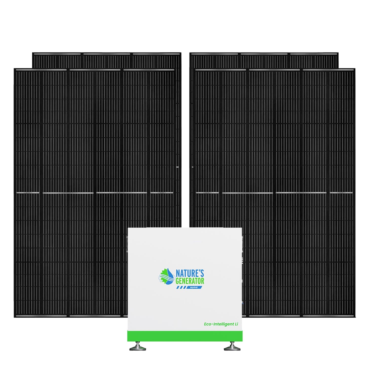 A white and green Nature's Generator power unit sits before two tall black solar panel arrays, highlighting a reliable 10kWh LiFePO4 battery from Nature's Generator for efficient solar energy storage on a plain white background.