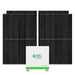 A white and green Nature's Generator power unit sits before two tall black solar panel arrays, highlighting a reliable 10kWh LiFePO4 battery from Nature's Generator for efficient solar energy storage on a plain white background.
